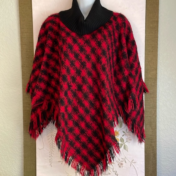 Sweater Poncho Talbots black red acrylic wool blend SIZE Small - Picture 1 of 6